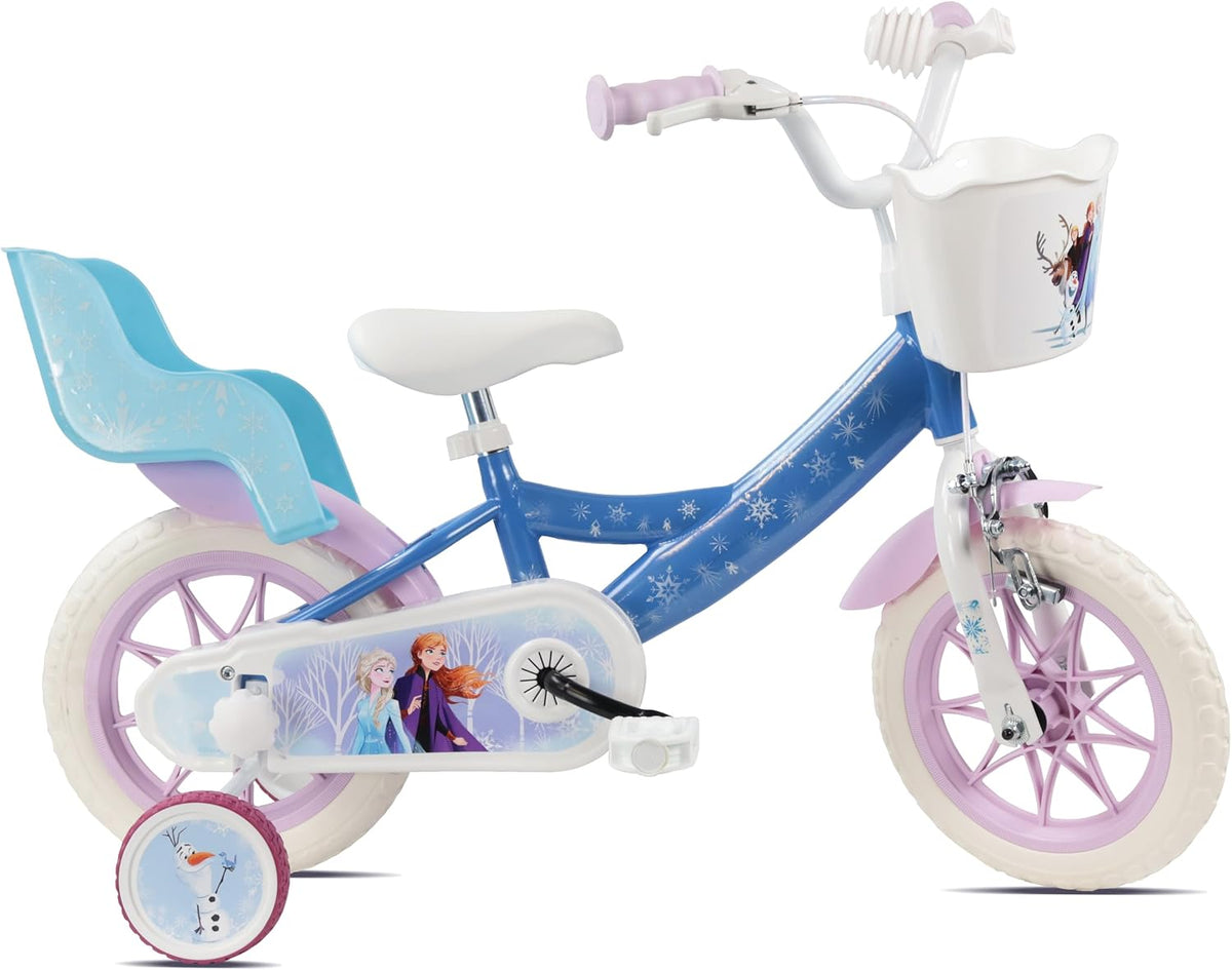 Vélo ATLAS VTT, 12 pouces, Vélo 12' Reine des Neiges/Frozen de Disney équipé de 1 Frein, Panier Avant, Porte poupée arrière