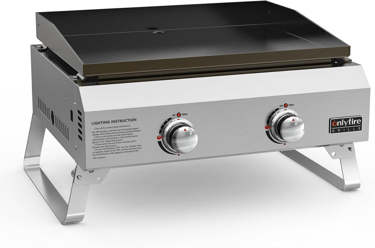 onlyfire Barbecue, 45, 5 × 36, 8 cm, pliable, Plancha à gaz en acier inoxydable 2 brûleurs 4, 7 kW, 45, 8 × 36 × 4, 3 cm, 1 brûleur