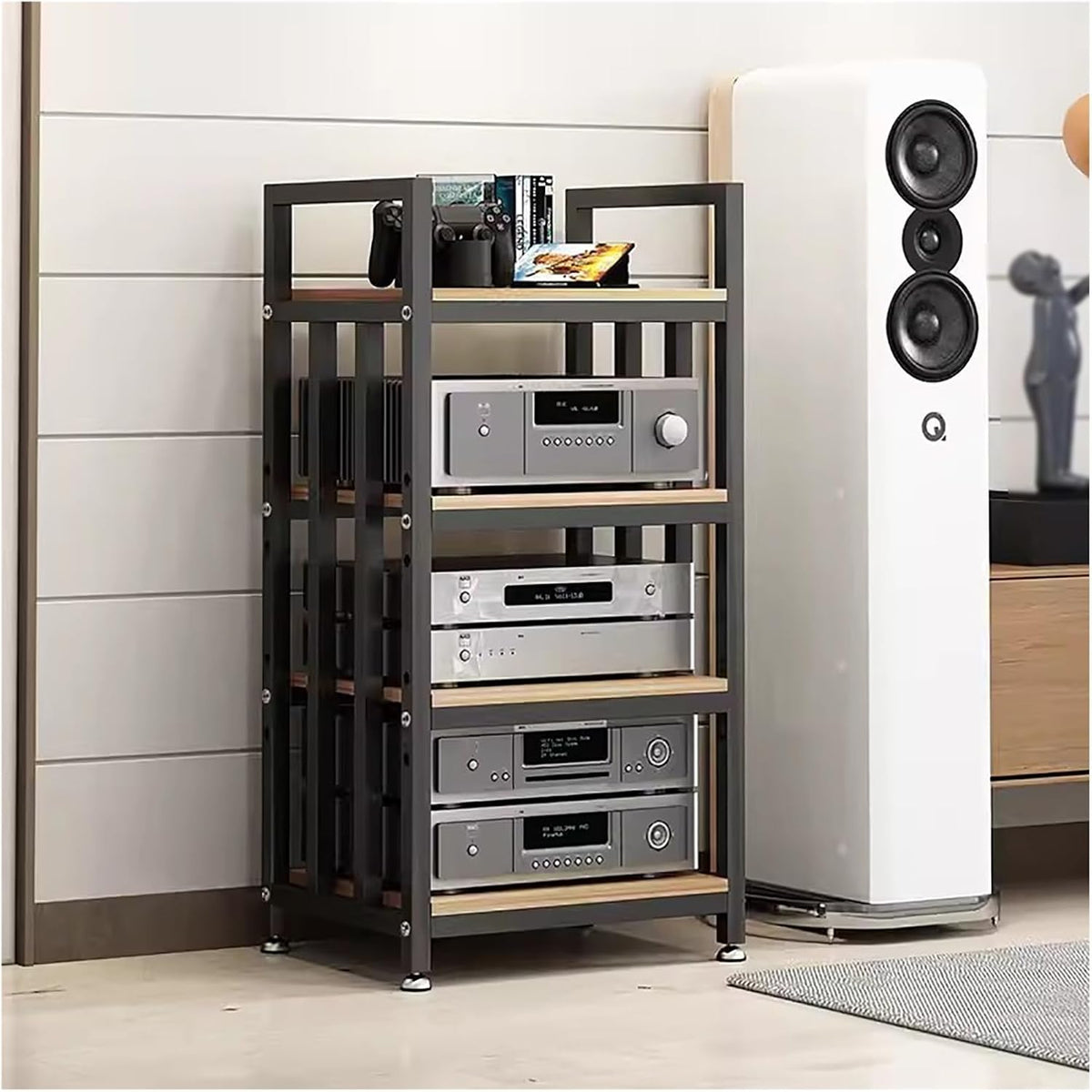 PAKGTDCD Étagère audiovisuelles, 4 Niveaux, réglable, étagère en Bois Moderne, 6, 4 cm, Support de composant stéréo à 4 Niveaux