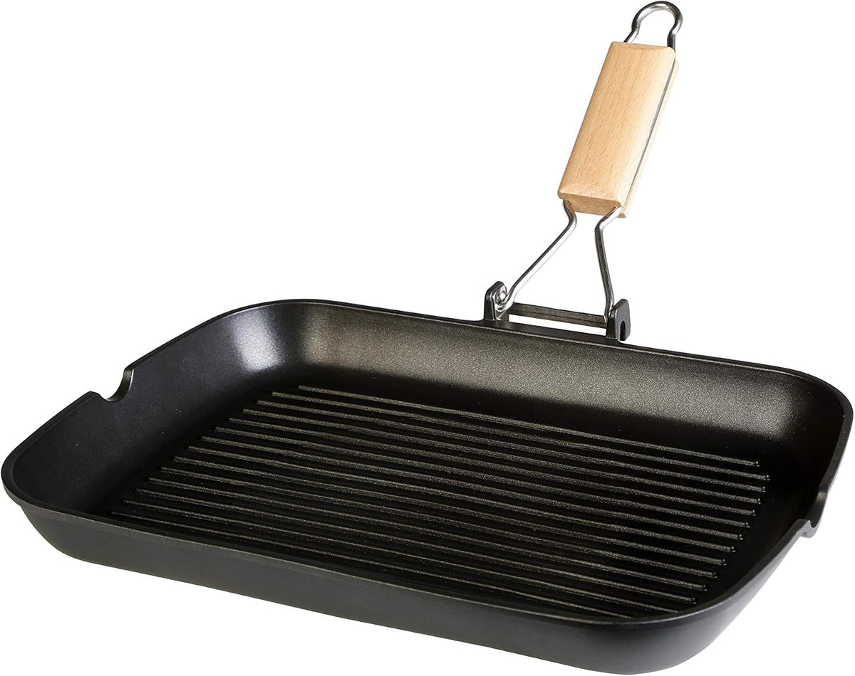 WECOOK! Poêle gril, pliable, Poignée en Bois Pliable, 34 × 24 cm, 5 mm, Épaisseur 5 mm, 5mm, Antiadhésive ILAG sans PFOA, Fonte d'Aluminium, Gaz