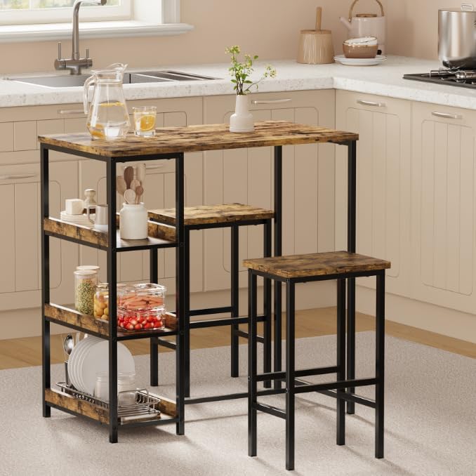 Ensemble pour bar, 91, 5 cm, Ensemble Table de Bar avec 2 Tabourets, GarveeLife, 3 Étagères, 3 Étagères Brun