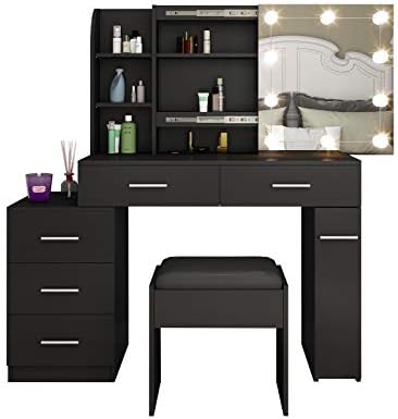 Coiffeuse, 5 tiroirs, éclairage LED, Idéale pour la Chambre et Le Salon, 5 tiroirs et 4 Compartiments, pliable, Tabouret rembourré