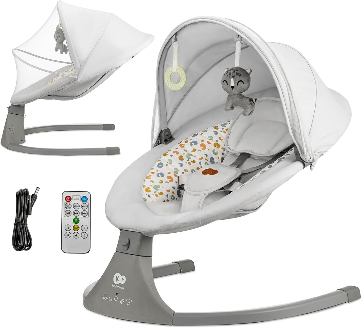 Balancelle de jardin kk Kinderkraft, télécommande, 5 modes, 5 modes du balancement, Kinderkraft LUMI 2 Transat bébé, 12 mélodies, réglable