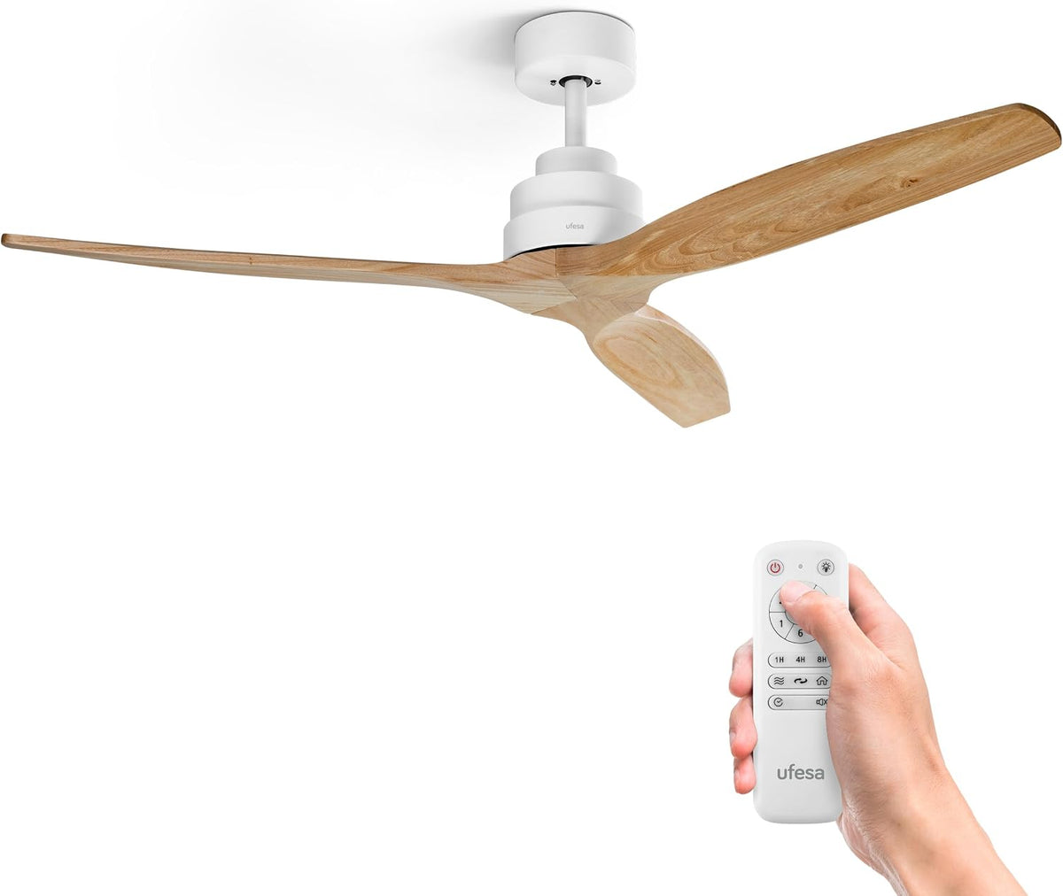 Ventilateur de plafond Ufesa, 3 Pales en Bois Naturel 132cm, télécommande, 6 Vitesses, 40 W, 132 cm, 40W, Minuterie 8h, Blanc, Bois Clair, hiver