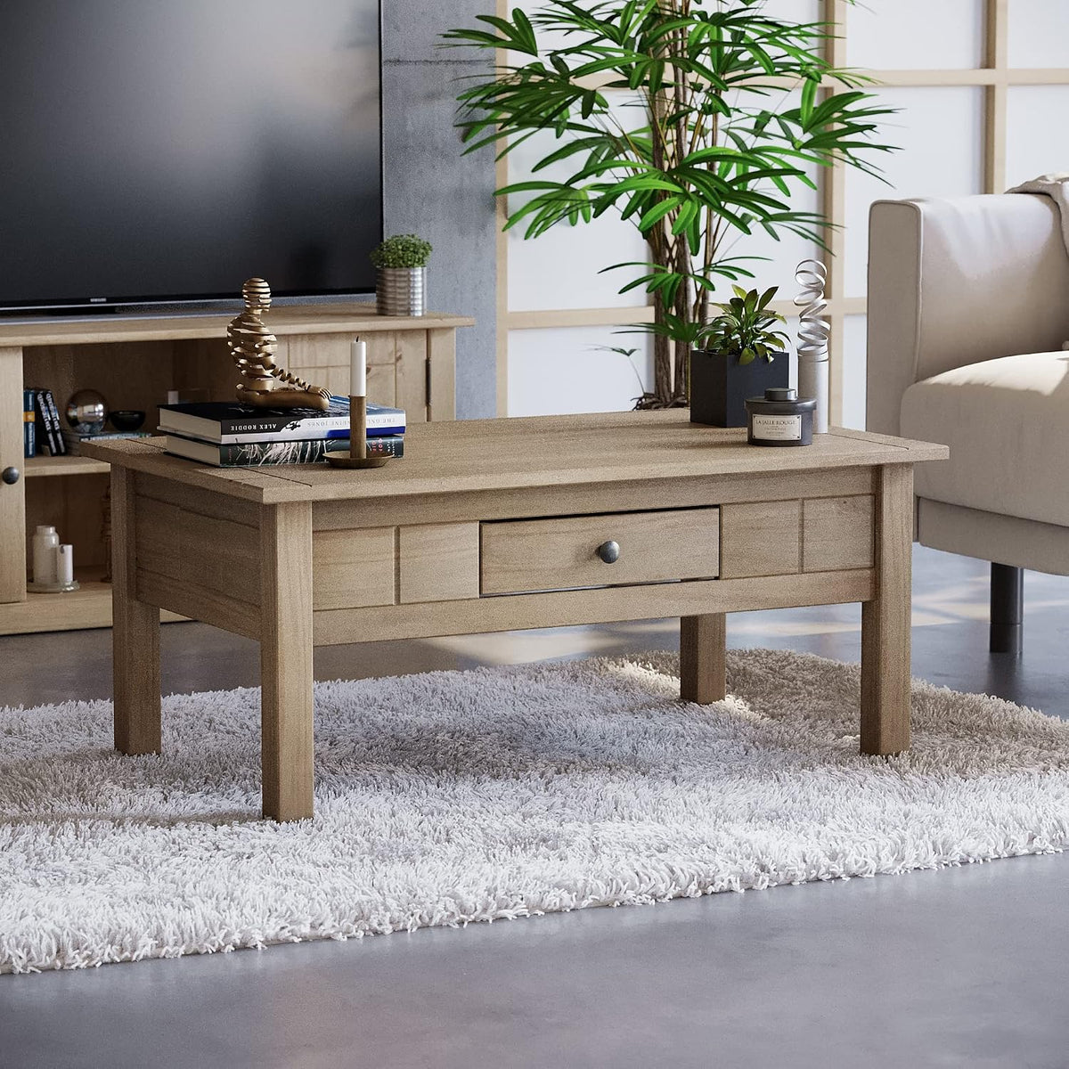 Table basse Vida Designs, télécommande, 100 × 60 × 44 cm, 1 tiroir, Beige