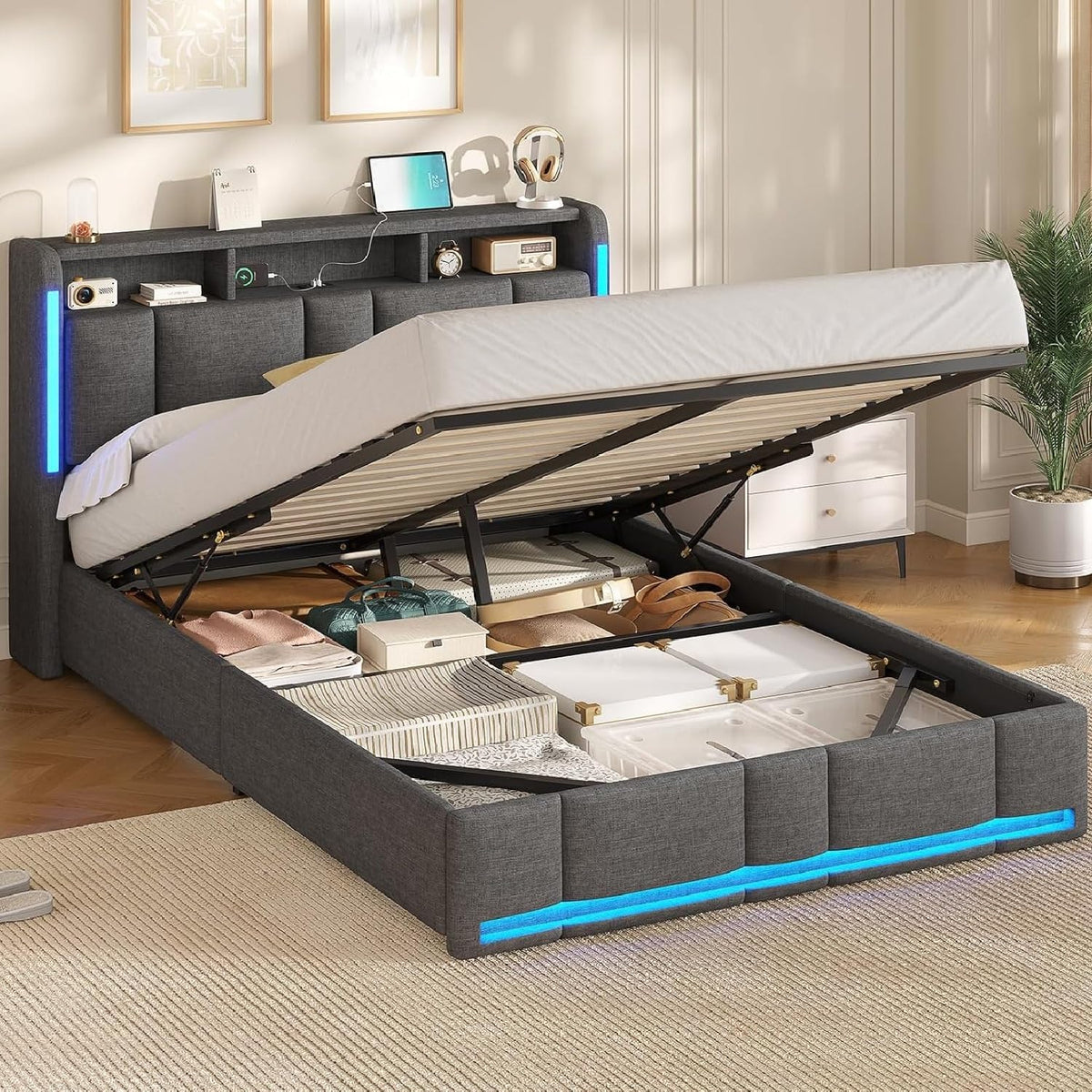 Cadre de lit, télécommande, 140 × 190 CM, Lattes en Bois, AOGLLATI, 30 cm, 2 étagères, éclairage LED, Lit Double avec LED et Ports USB, minuterie