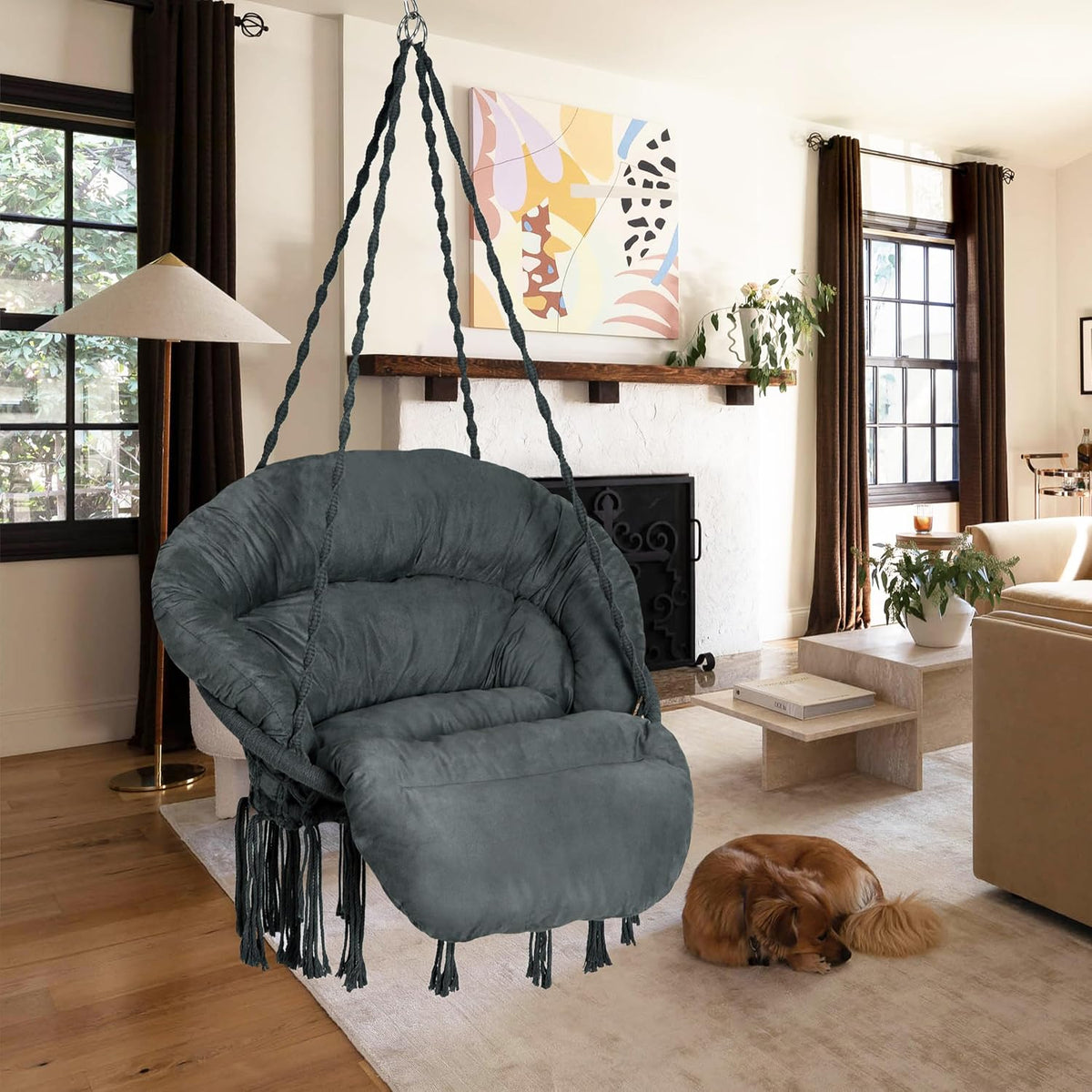 Bathonly Siège suspendu, Jardin, 150 kg, Chaise Coton avec Coussin, Capacité 150 kg, Faite à la Main avec Kits de Matériel de Suspension
