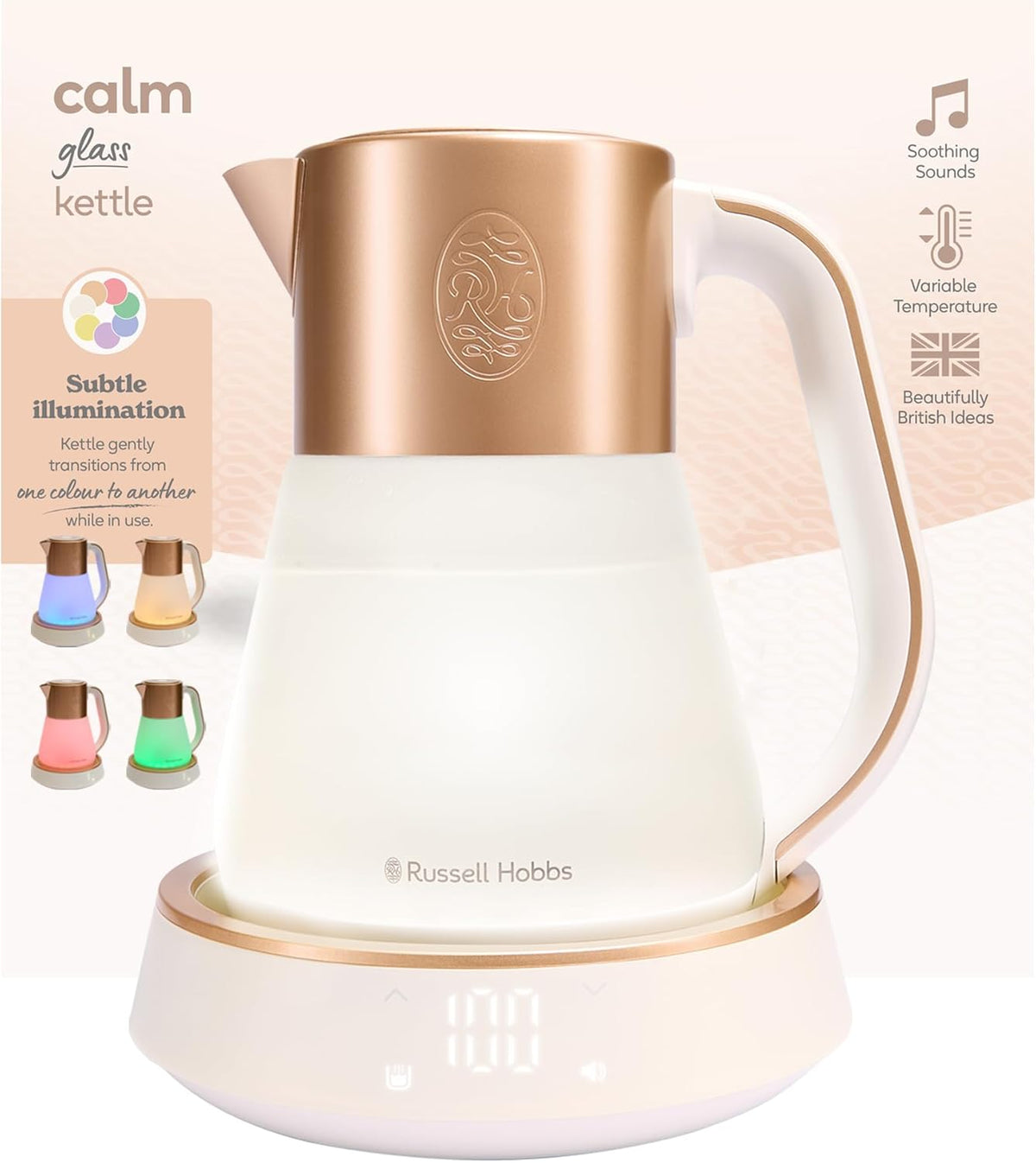 Bouilloire électriques, 2400 W, réglable, Bouilloire en verre 1, 7L, Russell Hobbs, 1, 7 L, 2400W, 100°C, 5°C, commande tactile