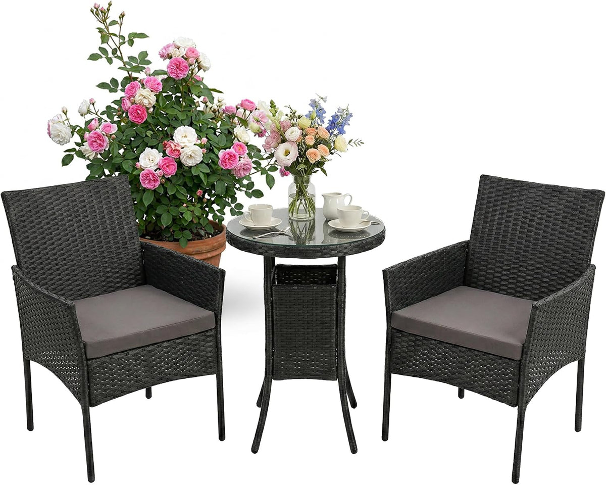 Salon de jardin, 80 × 59 × 55 cm, Ensemble Jardin 3 pcs, Salon résine tressée 2 pers., Relaxdays, 73 × 50 cm, 2 fauteuils + Table Verre