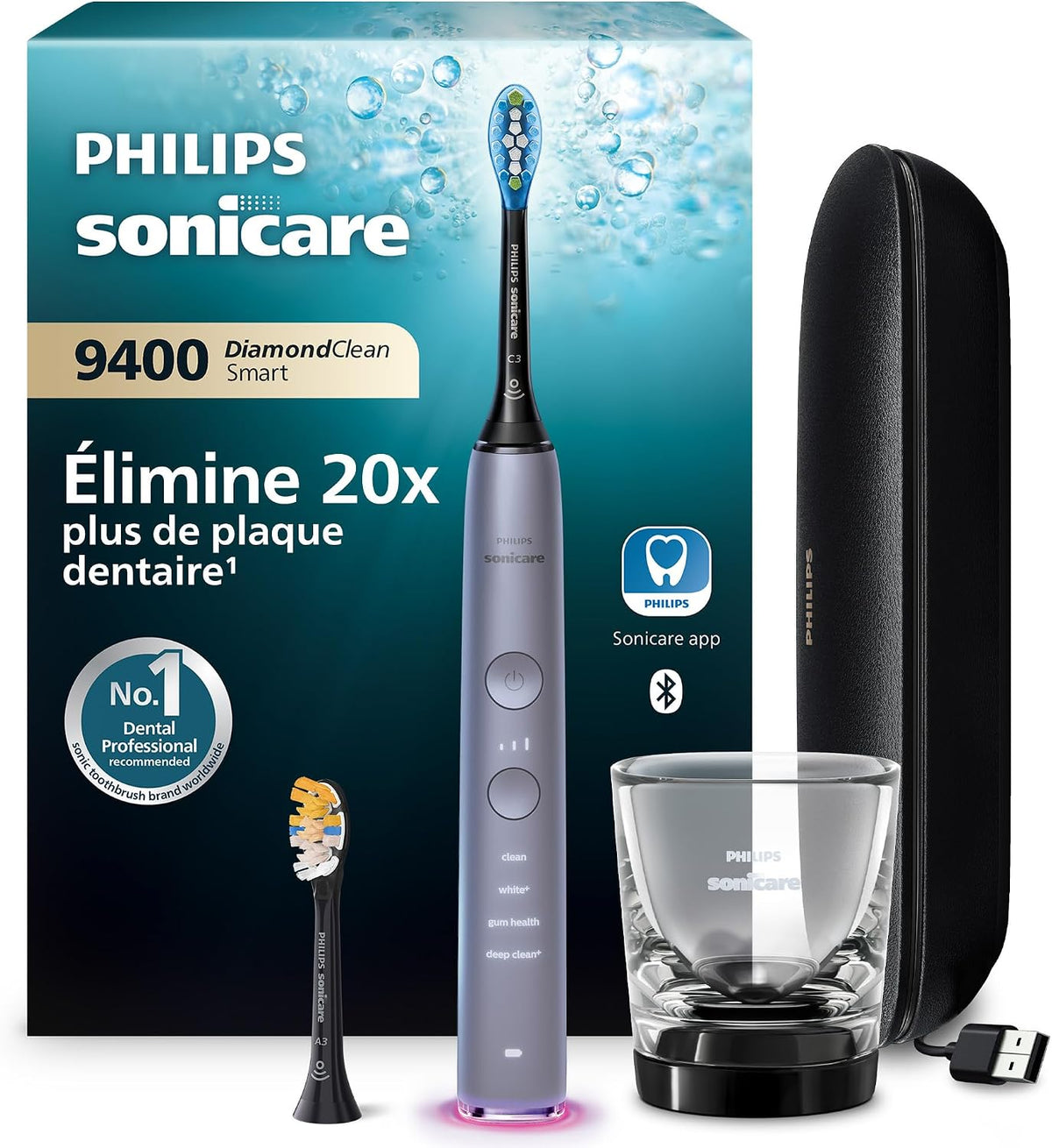 Sonique, 4 modes, Brosse à dents électrique avec application, verre, PHILIPS, 3 niveaux, HX9917, Sonicare DiamondClean Smart 9400, gris