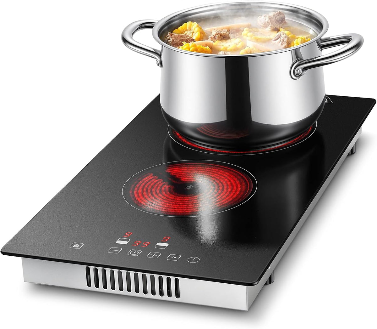 Top 99min Plaque de cuisson, 30 cm, acier inoxydable, 49 × 26.2 cm, 9 niveaux, 3000W, 1800W, 1200W, Plaque Vitrocéramique 2 feux, Noir, verre