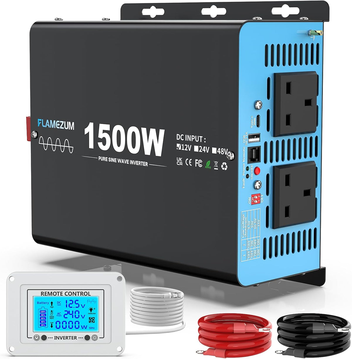 Onduleur, pour camping-cars, télécommande, 12 V, FLAMEZUM, 240 V, 1500 W, 3000 W, 36 W, télécommande LCD, 1 port USB-A, 1 port USB-C, réglable