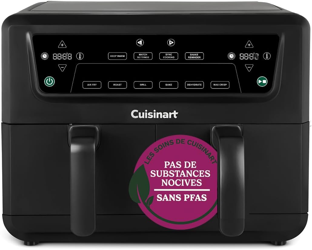 Friteuse sans huile, réglable, 2400 W, CUISINART, 10.4L, 5.2L, XXL 10.4L Friteuse à air 2 compartiments, Sans PFAS, Cuisson sans produits chimiques