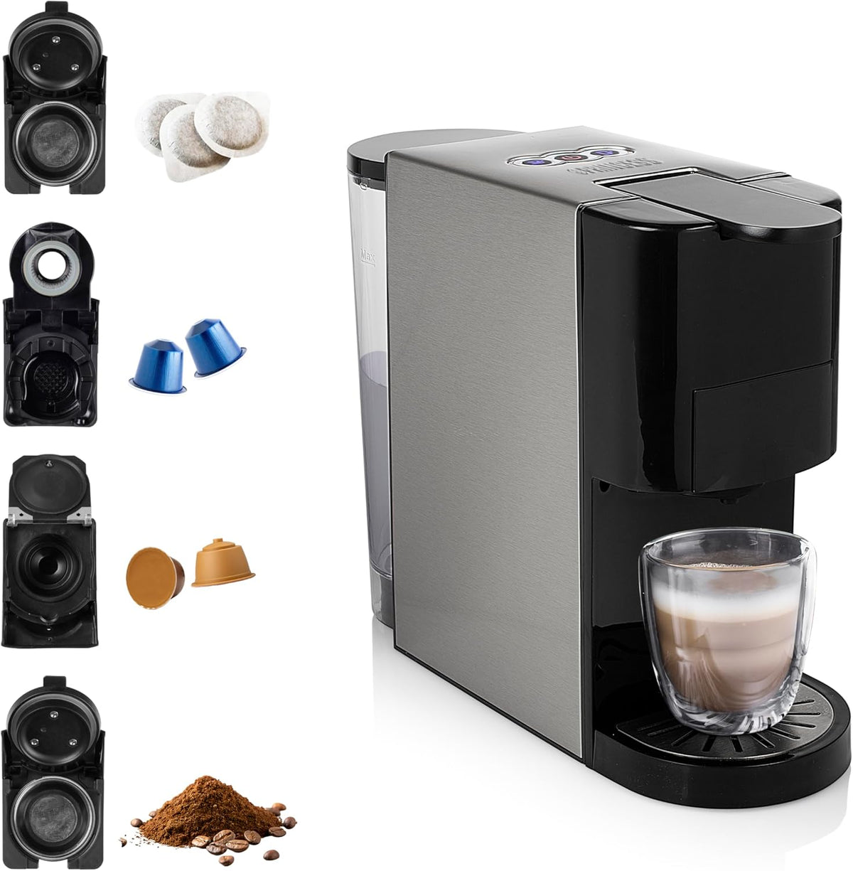 Machine à café, acier inoxydable, Sans BPA, 800 ml, Princess, 1450 W, 1 450 W, 80 °C, 249450, Noir et argent, réservoir d'eau, Capsules, dosettes