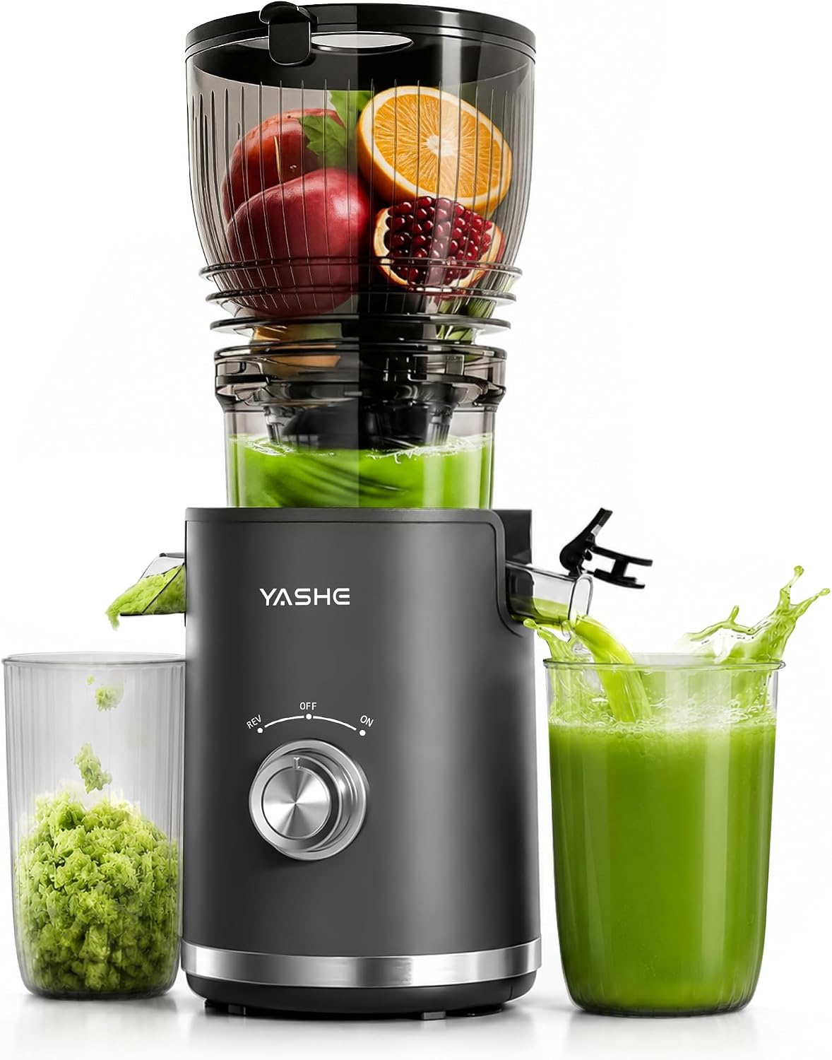 YASHE Extracteur de jus à vis simple, Slow Juicer avec Fonction Inverse, 148 mm, Goulotte 148 mm pour Fruits et Légumes Entiers, 300W, Sans BPA