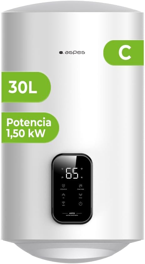 Aspes Chauffe-eau électrique, 15 dB, éclairage LED, résistance en acier émaillé, 60 cm, 34 cm, 37 cm, AT3000SDW, 1500W, blanc