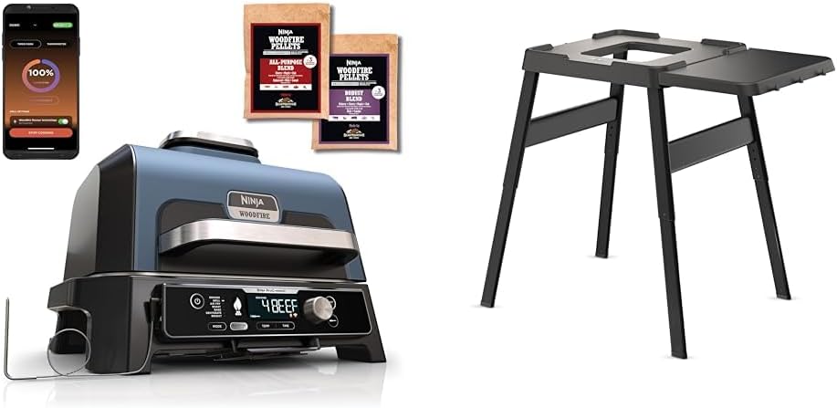 Grill électrique, Contrôle via App & cuisson au feu de bois Table d'appoint, support pour barbecue, réglable, 7 FONCTIONS, NINJA, fonction gril