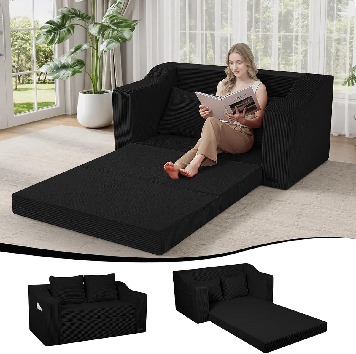 Canapé, pliable, pour appartements et chambres à coucher, MeMoreCool, lit d'appoint pliable sans assemblage, noir, housse amovible et lavable