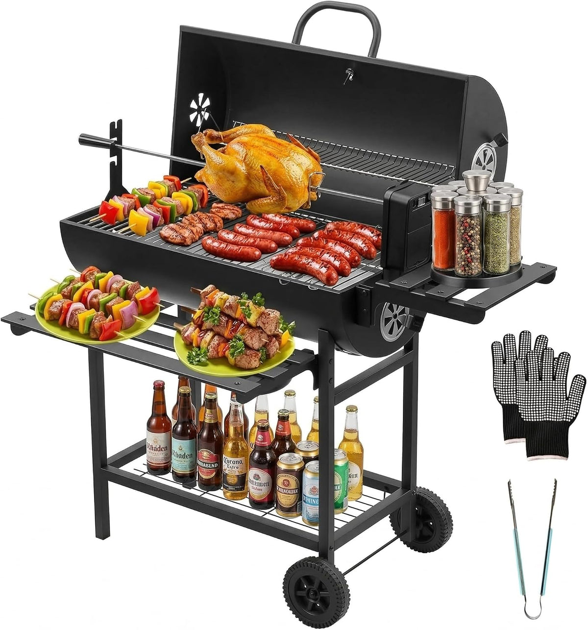 Barbecue, 70 × 35 cm, réglable, Idéal Jardin/Terrasse/Camping, Grill XXL à Charbon de Bois, DEWINNER, fonction gril, portable, Roulettes