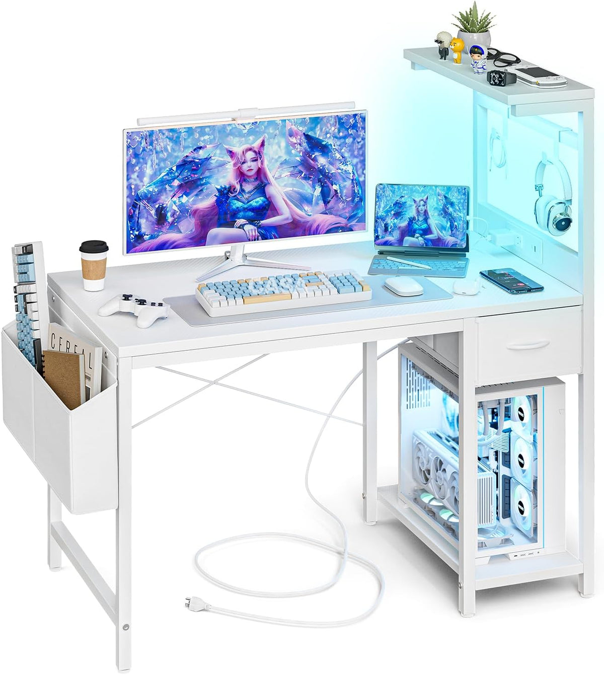 Grandder Bureau, Table Ordinateur avec Support d'écran pour Chambre Domicile Maison Blanc, 120 cm, télécommande, éclairage LED