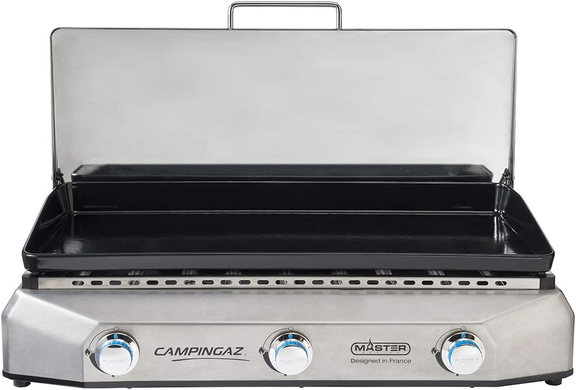 CAMPINGAZ Plancha, réglable, acier inoxydable, 73 × 40 cm, 79 × 49 × 22 cm, 9 kW, 3 brûleurs, 3600 cm2, Couvercle INOX avec charnières