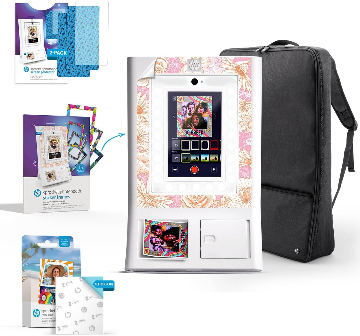 HP Imprimante photo, Wi-Fi, 100 Feuilles, + Étui Rembourré + 2 Protecteurs d'Écran + 15 Cadres Autocollants Décoratifs, éclairage LED, portable