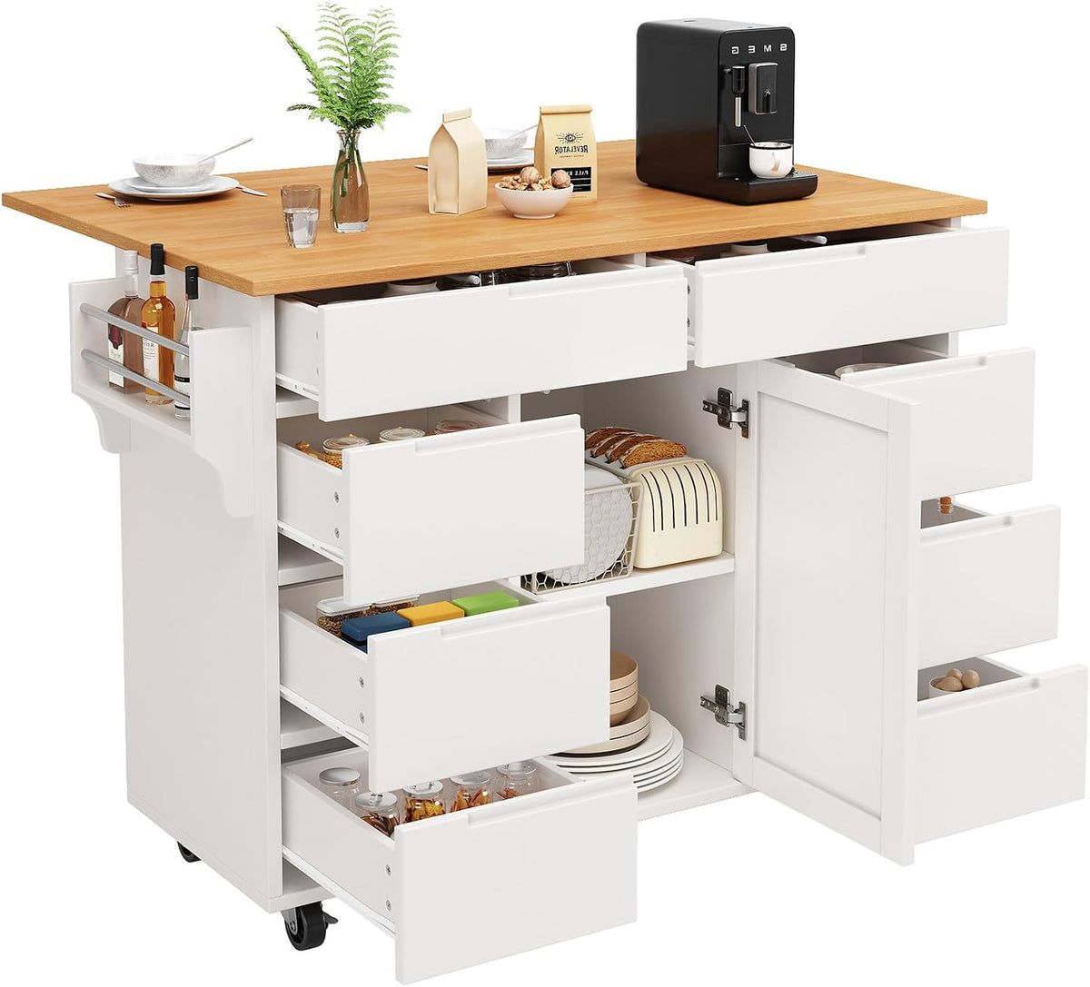 Desserte, Meuble de Cuisine avec Plans de Travail Rabattable, 111 × 74.5 × 91.5 cm, SHUGUANG, 120 × 40 cm, 18 mm, 25 cm, 8 Tiroirs, 120 × 74.5cm
