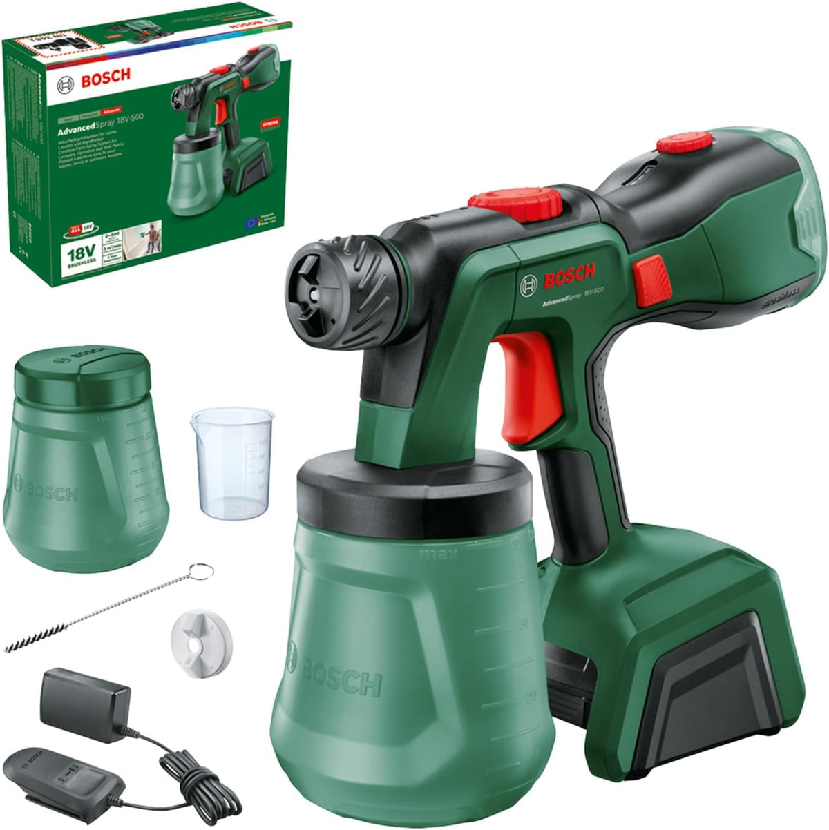Pistolet à peinture et accessoires, 1 200 ml, Bosch, 4 Ah, 2, 5 Ah, 4, 0 Ah, 500 ml, 2x godets 1 200 ml, 18V-500, 3m2/min, vernis