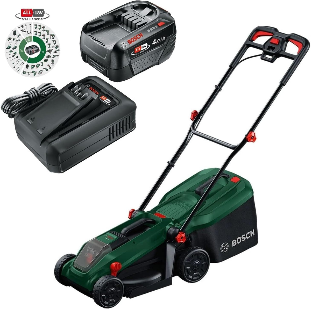 Tondeuse Bosch ROTAK18V2-38, 38 cm, Sac à Gazon en Tissu 40 l, 75 mm, 18 V, 4, 0 Ah, Hauteur de Coupe: 30-75 mm, Bouchon de paillis