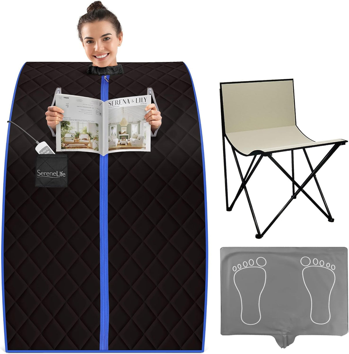 SereneLife Sauna, Pliable Cabine avec Coussin Chauffant pour Les Pieds et Chaise Pliante, portable, Vapeur, Spa Maison, Détox