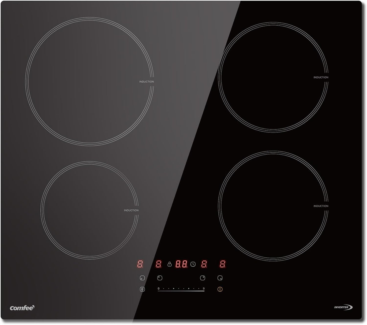 Plaque de cuisson Comfee, réglable, 7 400 W, verre, 7 200 W, 1 300 W, 12 cm, 9 niveaux, 7400W, 4 Brûleurs, 7200W, Noir, commande tactile