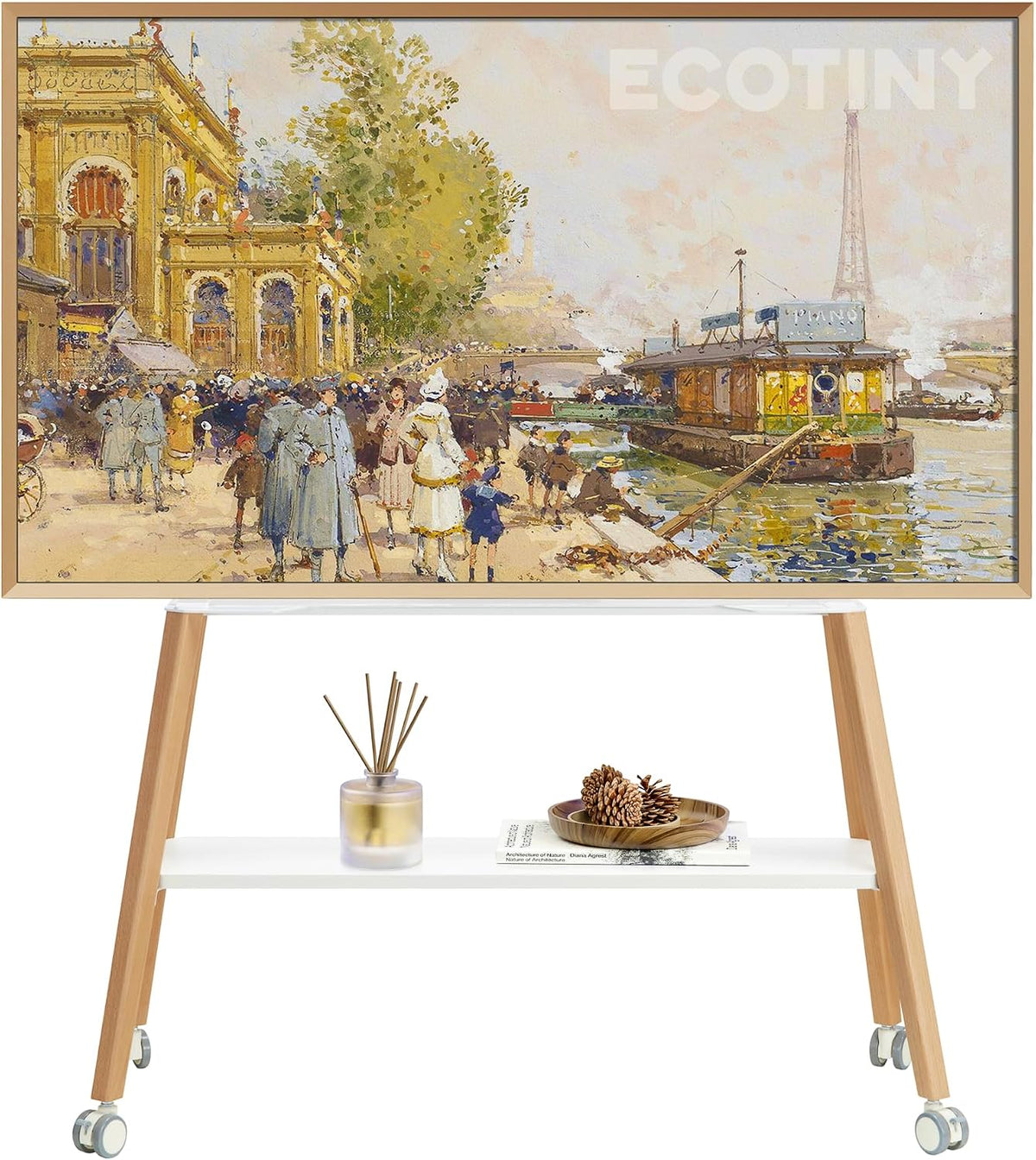Support TV sur pied, 75 pouces, design chevalet avec structure en métal et étagère en bois, ECOTINY, 40 kg, portable, bureau