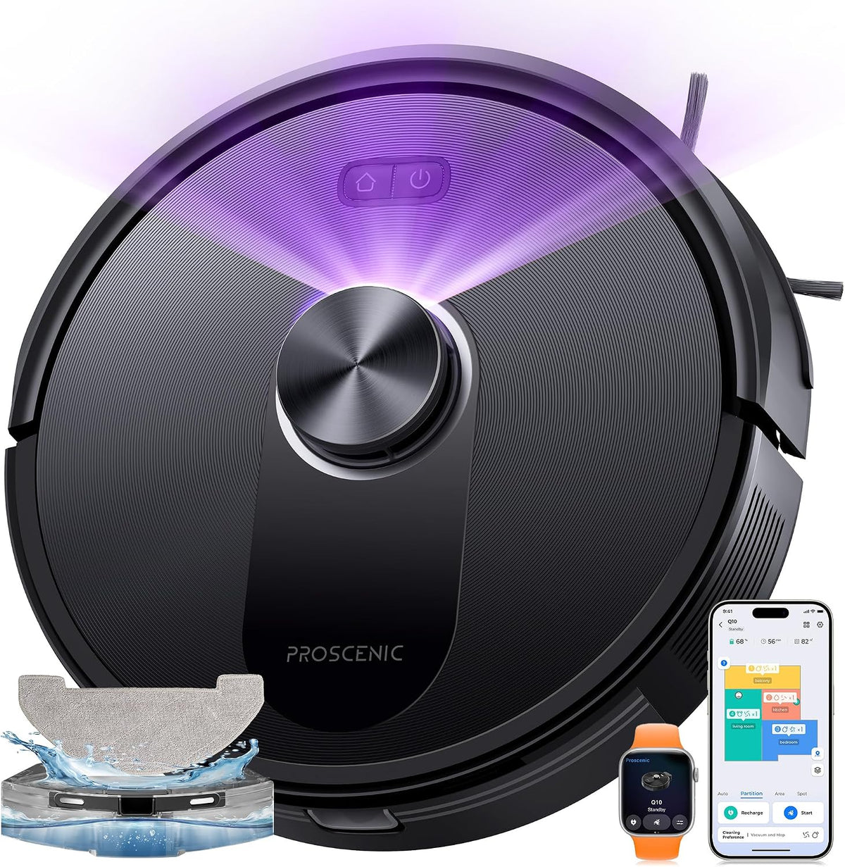 Robot aspirateur laveur Proscenic 8000Pa 200Mins, télécommande, pour Poils Animaux Tapis Sols Durs, 60DB, 3200 mAh, Navigation Lidar