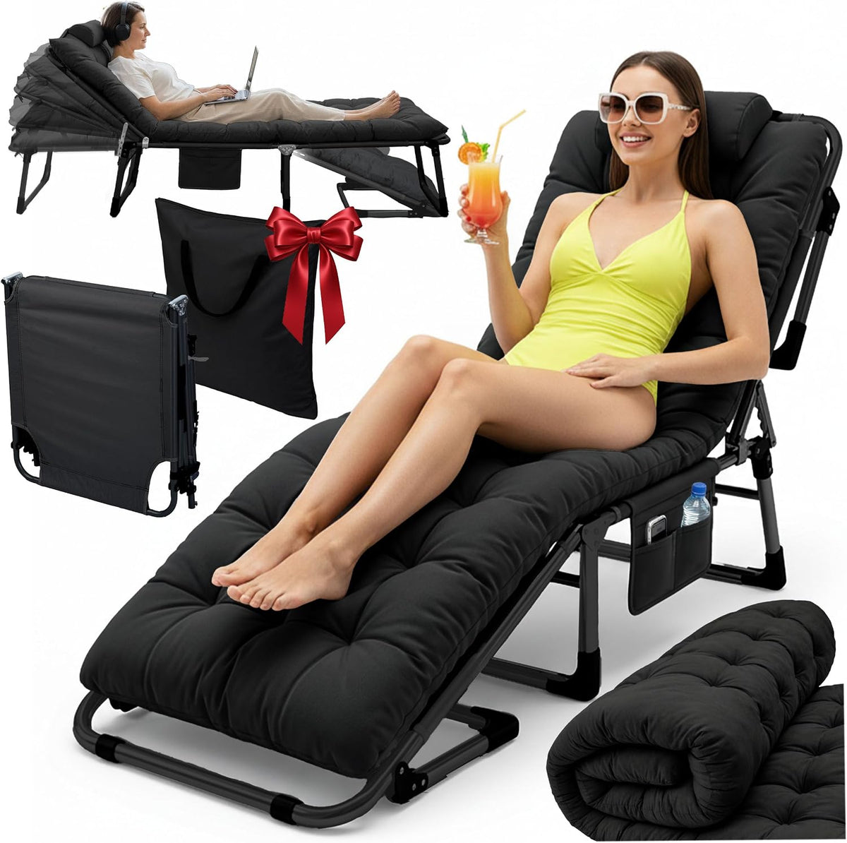 Chaise Sofotel, 75, 5 cm, pliable, pour Dormir et se détendre, 5 Niveaux, 193 × 67 cm, réglable, avec Matelas et Coussin, Noir, portable