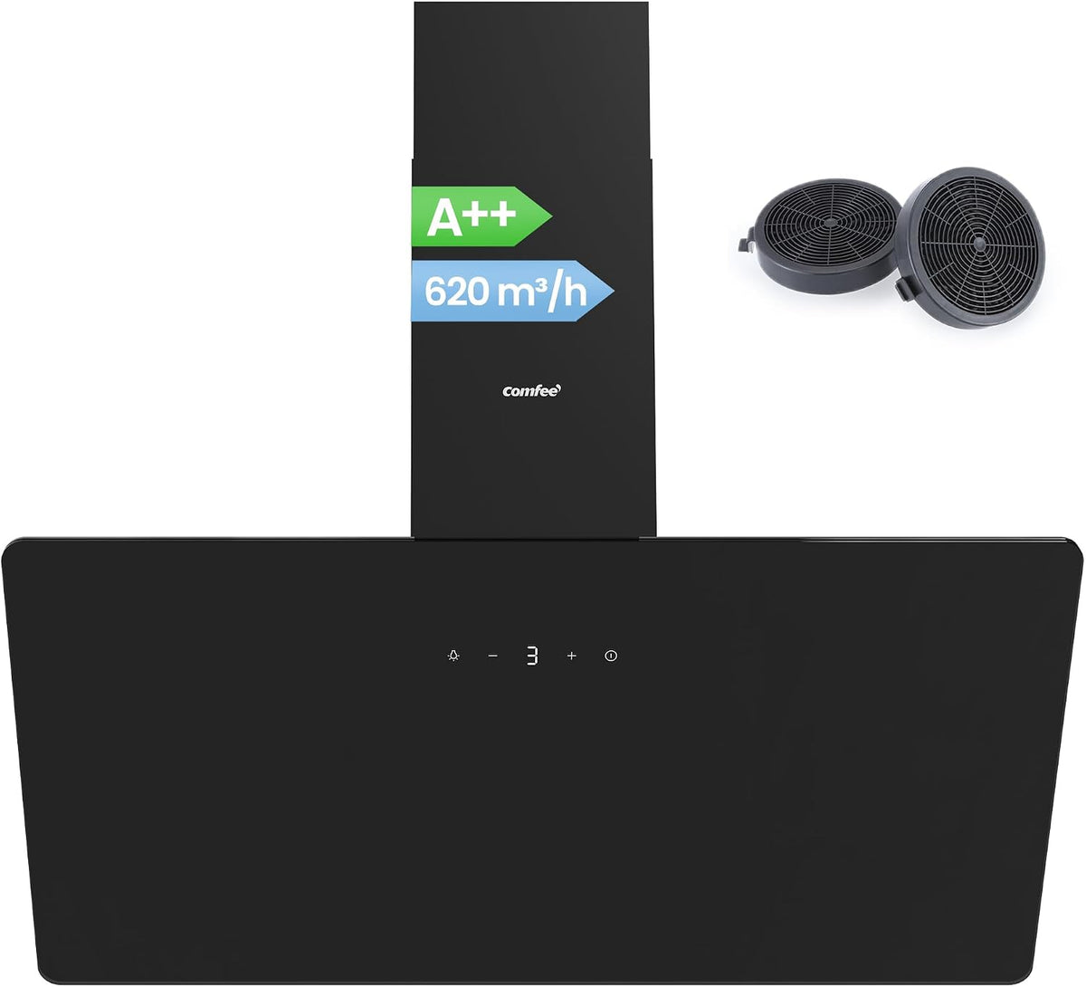 Comfee CH90J64ET4A2B2-EU 620m3 Hotte aspirante, 59 dB, éclairage LED, 4 Vitesses, 90cm, 620 m3/h, réglable, commande tactile
