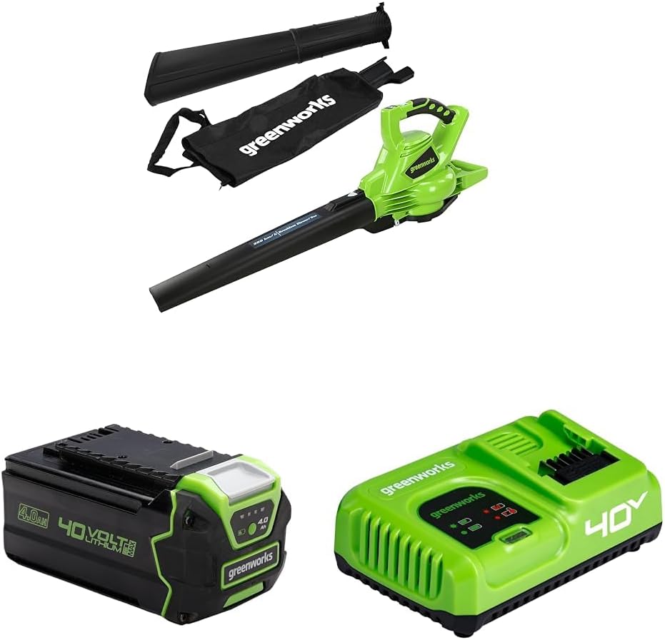 Greenworks Souffleur de feuilles, Sac pour Mulching de 45L, GD40BVK2X, 40V, 4Ah, 280 km/h, 9, 63 m3/Min