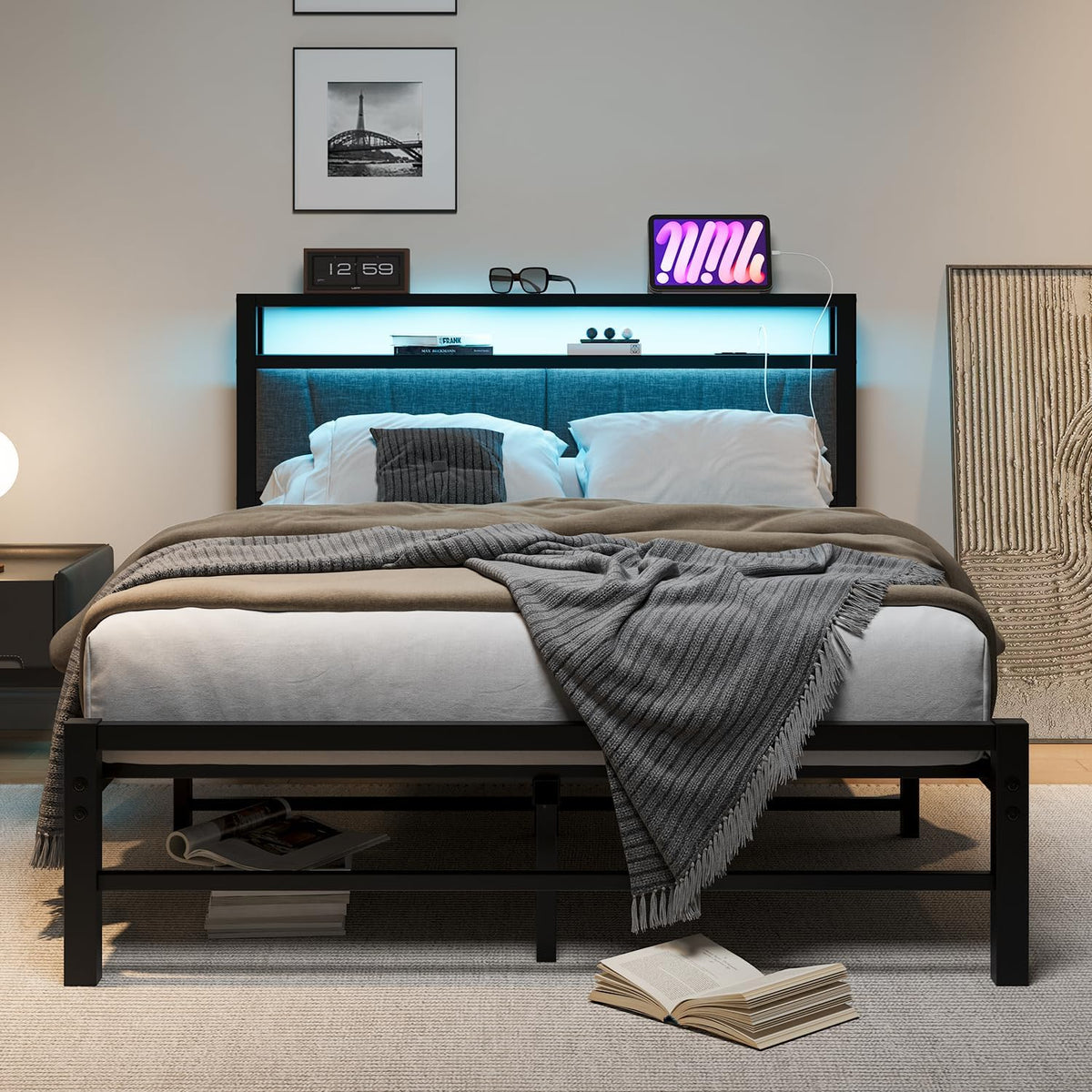 Cadre de lit BORPHOM, éclairage LED, 27 cm, portable, base de matelas, support à lattes solides, rangement sous le lit