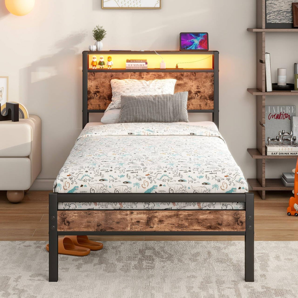 Cadre de lit, 206, 5 × 91 × 96, 5 cm, plateforme en métal robuste de 0, 9 m avec station de charge, BORPHOM, 2 niveaux, éclairage LED