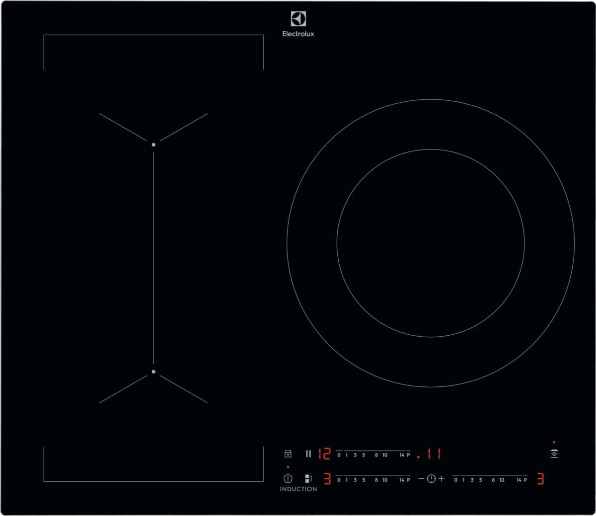 Plaque de cuisson Electrolux LIV63340CK Hob2Hood, sans cadre, 60 cm, 28 cm, zone 28 cm 3, 7 kW, 3 zones, Plaque à induction série 600 Bridge, pause