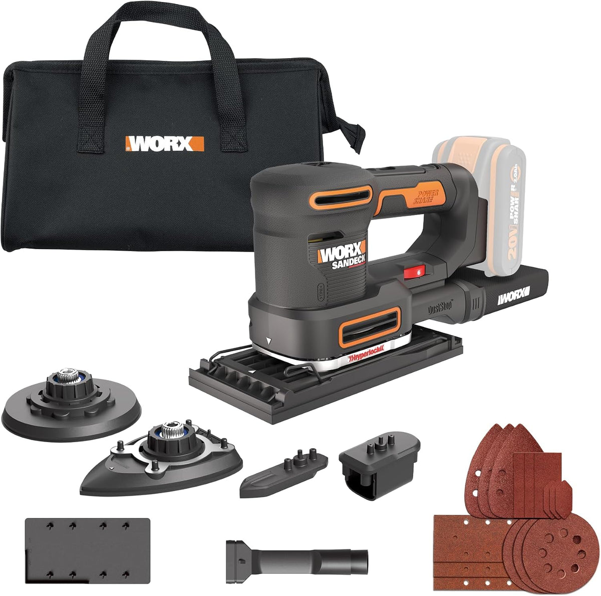 WORX Ponceuse excentrique, Ponceuse multifonction sans fil 20V WX820.9, 40V, 80V