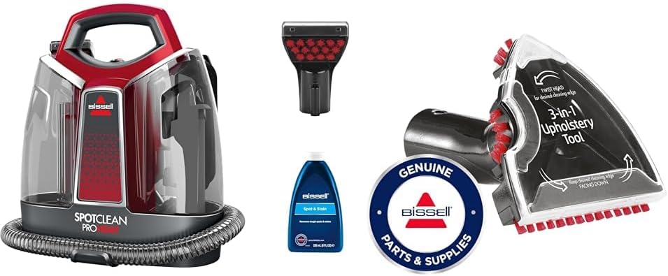 Nettoyeur tapis et moquettes, 3-en-1, Bissell, 2 bouteilles, 2.5 litres, Titane et Rouge + 2369 Outil 3-en-1 Escalier et Tissus d'Ameublement