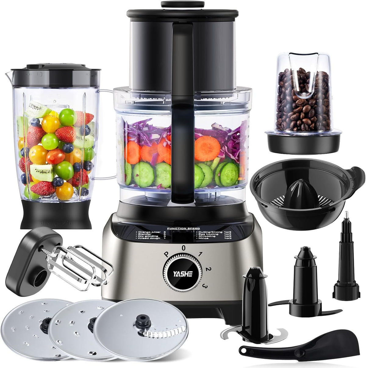 YASHE Robot multifonctions, 3 Vitesses, Pétrin avec Bol de 2, 5L et Blender de 1, 5L, acier inoxydable, 1300W, réglable, Mixeur