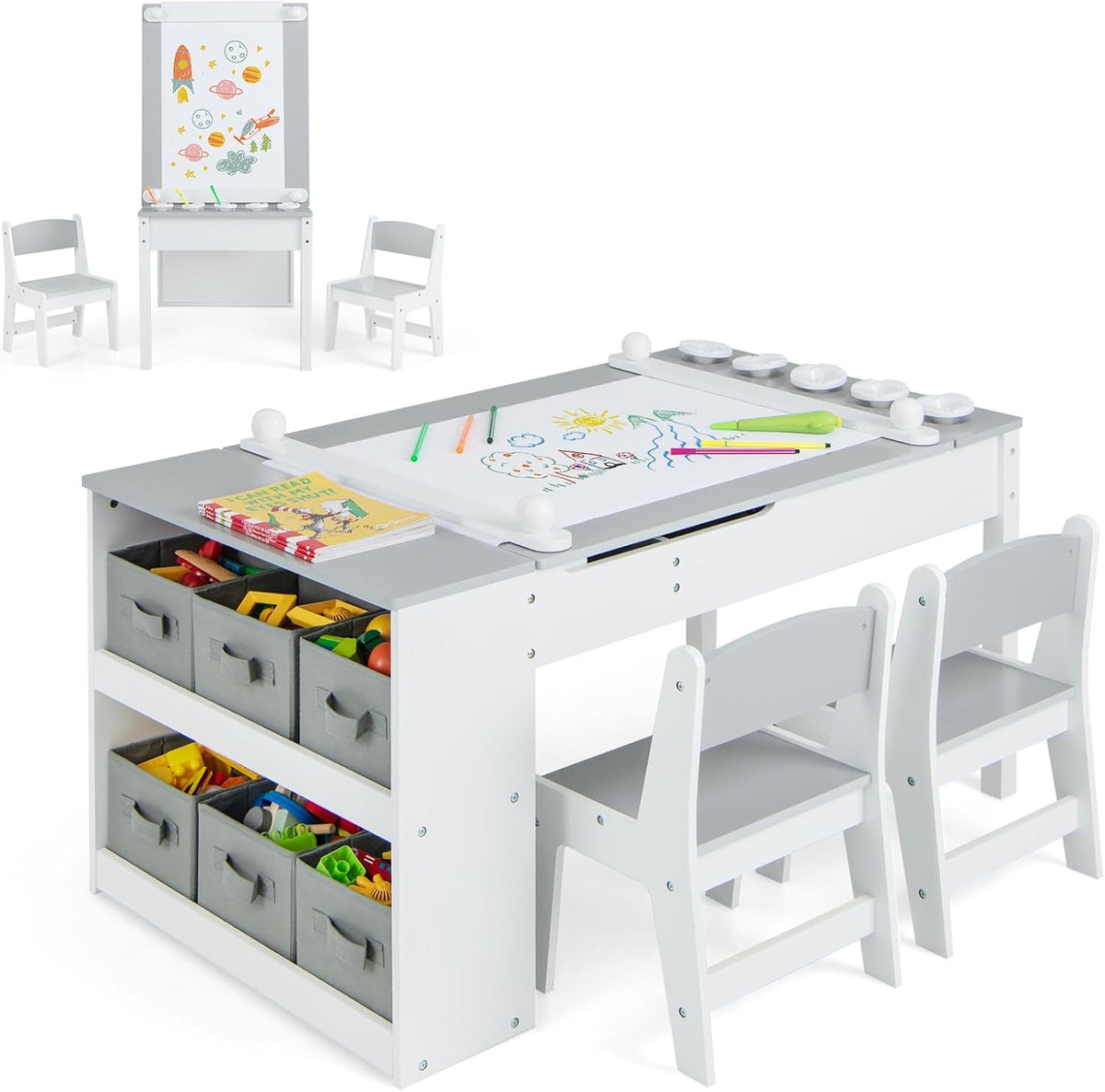 Ensemble table et chaises 2 en 1 en bois pour enfants avec 2, 6 boîtes de rangement, GYMAX, rouleau de papier