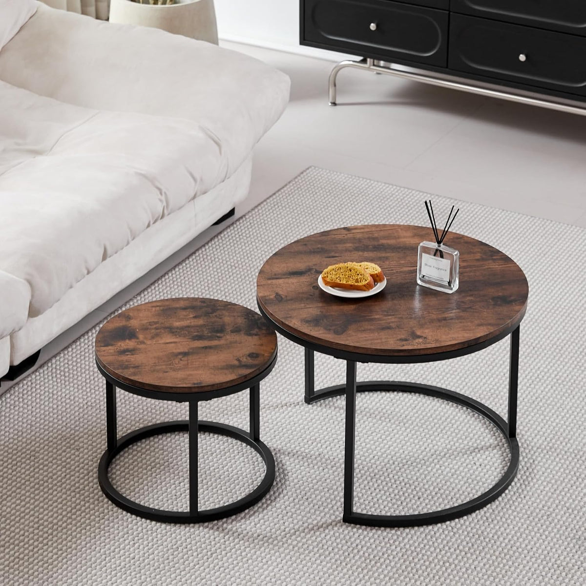 Table basse, 60 × 45 cm, acier inoxydable, pour Salon, 40 × 35 cm, Lot de 2 Tables Basses empilables, Rondes, GrandCA HOME