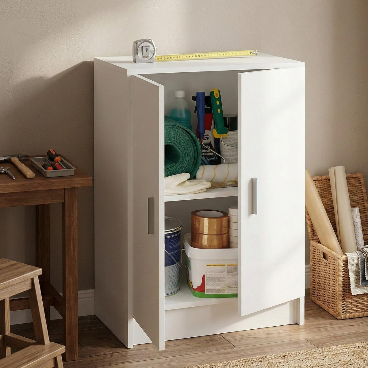 Meuble sur pied, 15 mm, Étagère à chaussures avec 1 étagère, Dmora, 2 portes, 3mm, Armoire polyvalente à 2 portes Memphis, réglable, Blanc