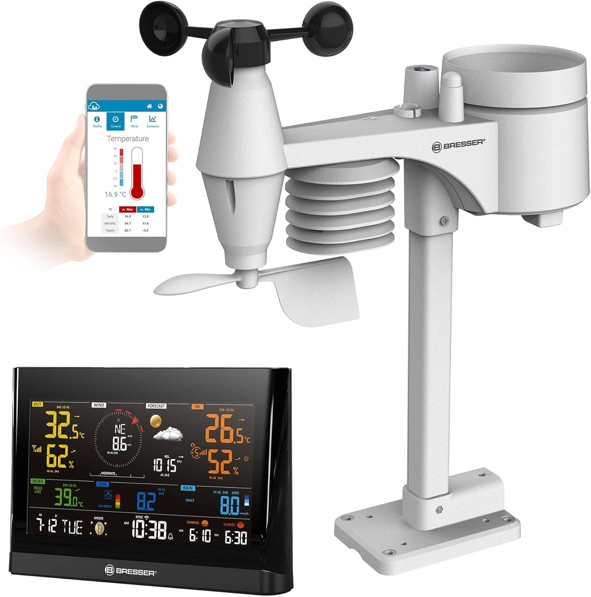 Station météo et baromètre, Wi-Fi, 202 × 138 × 38 mm, BRESSER, 343, 5 × 393, 5 × 136 mm, 5, 7 pouces, 14, 5 cm
