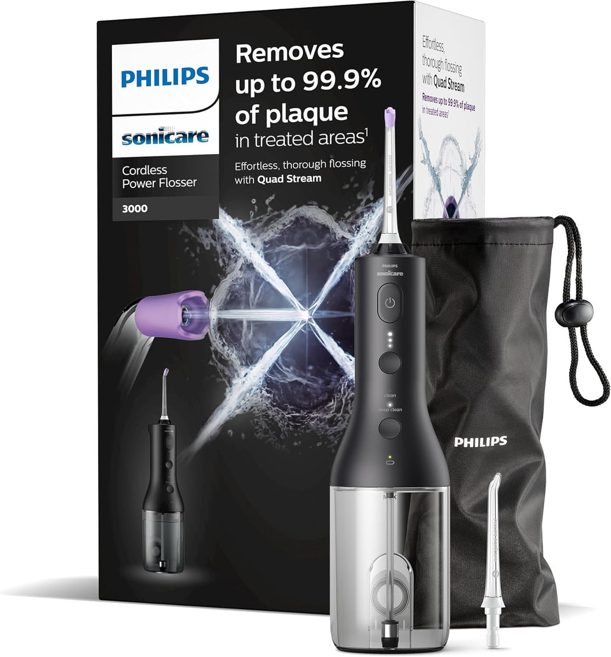 PHILIPS Hydropulseur et irrigateurs, Sonicare Jet dentaire Power Flosser 3000 sans fil, 250 ml, HX3826, modèle HX3826/33, réglable, Noir