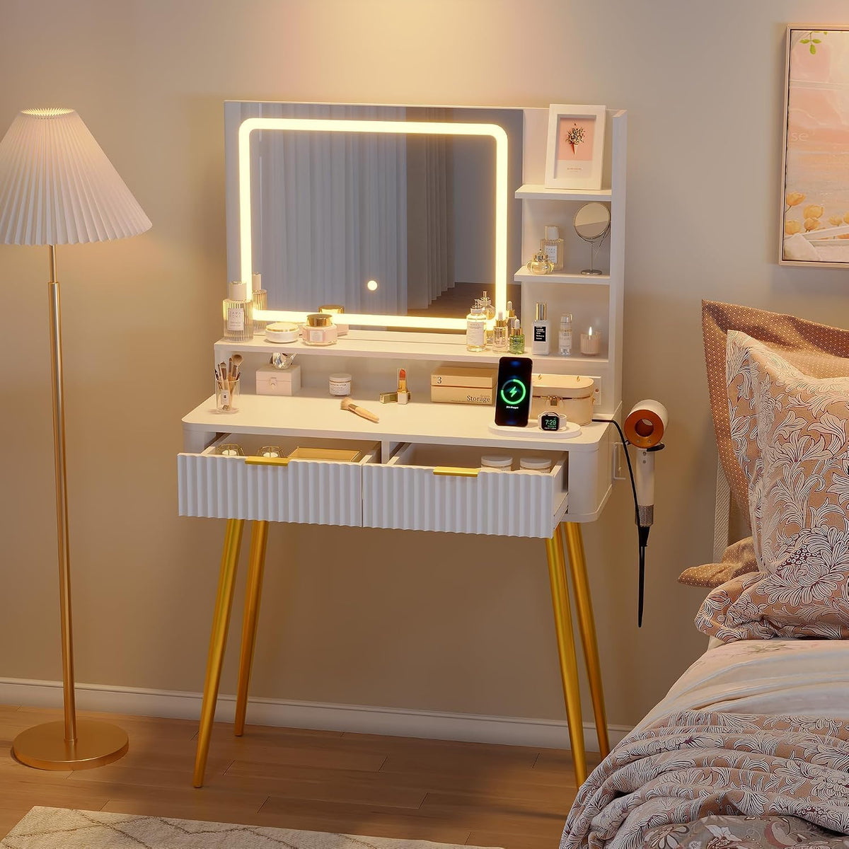meuble, Coiffeuse Bois avec Miroir LED, 132 × 80 × 35 cm, 3 Tonalités Réglable, GarveeHome, 31 pouces, 2 tiroirs, 3 étagères, éclairage LED