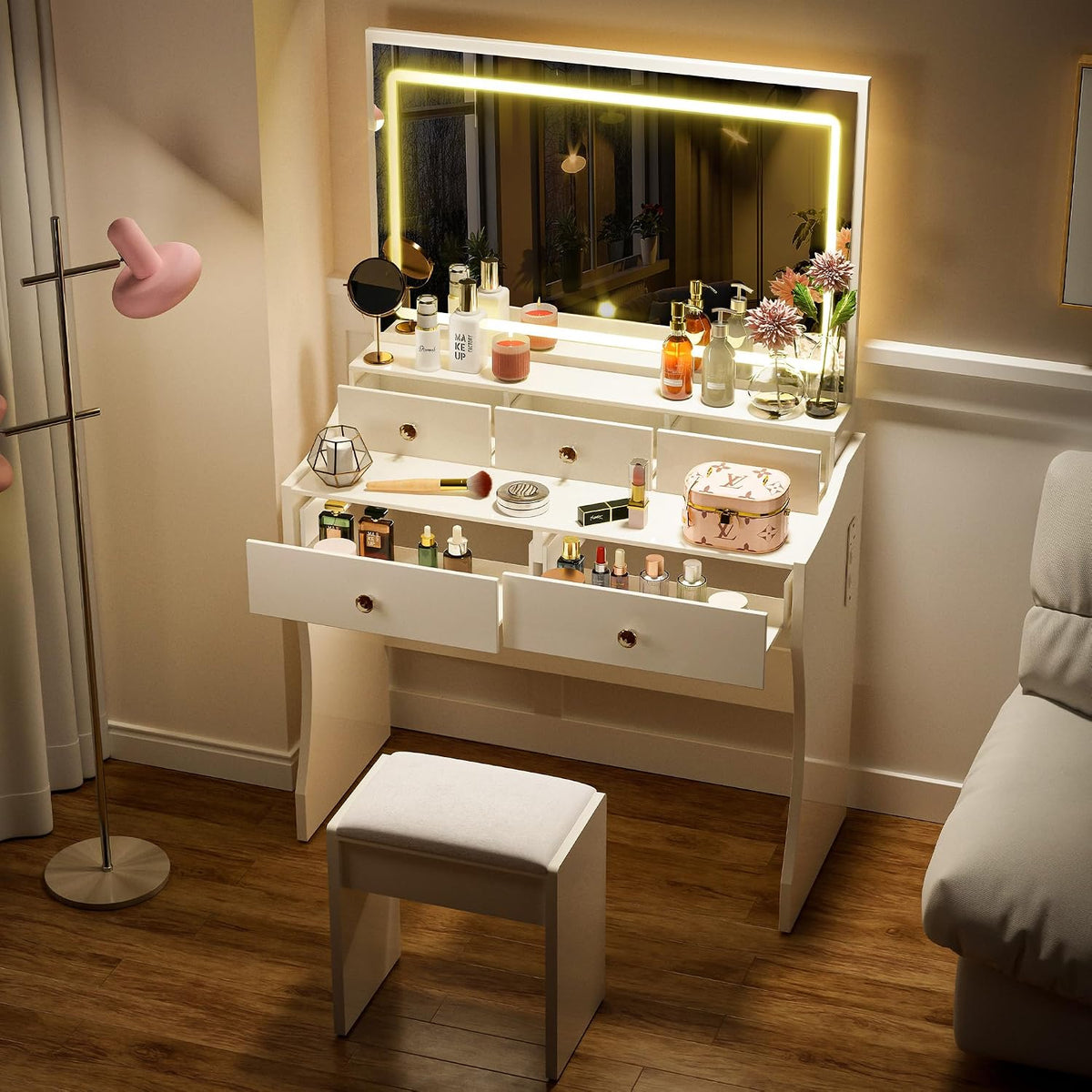 Coiffeuse COMHOMA, avec Chaise et 5 Tiroirs, éclairage LED, réglable, Miroir et Bande LED Dissimulée, Blanc, Multiprise