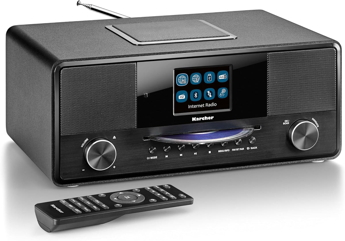 Radio de table Karcher 9000CDi, télécommande, 2, 8 pouces, 3, 5 mm, 3 niveaux, DAB 9000CDi Radio Internet avec lecteur CD DAB+/FM RDS, Wi-Fi, AUX-IN